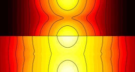The top of this image shows how early in the heating, magnetic fields, drawn as black lines, prevent heat from flowing easily between the two yellow laser spots. Later in the heating, as depicted on the bottom half, the moving magnetic fields continually connect and provide a channel for heat to flow between the two laser spots. This newly discovered magnetic behavior could advance nuclear fusion. Image credit: Joglekar, Thomas, Fox and Bhattacharjee